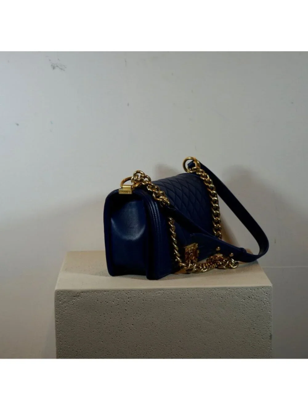 Chanel Boy Bag Caviar Blue with Gold Hardware